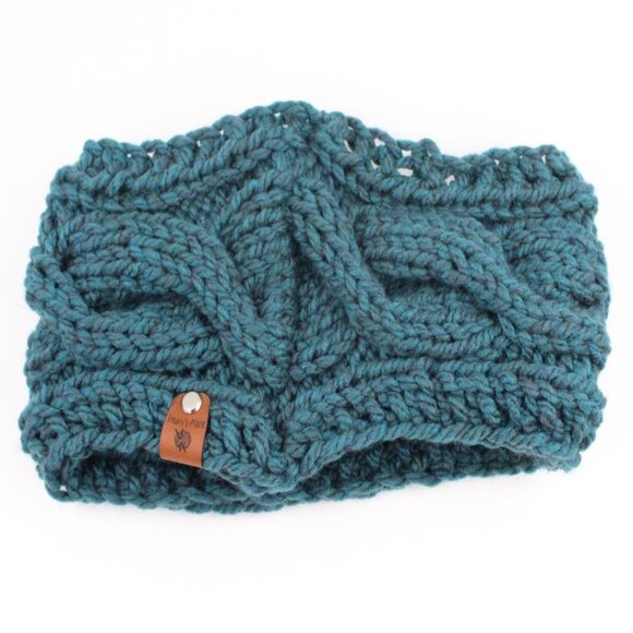 Handmade Hand Knit Chunky Cable Knit Acrylic Teal Blue Green Ear Warmer Headband - Picture 5 of 7